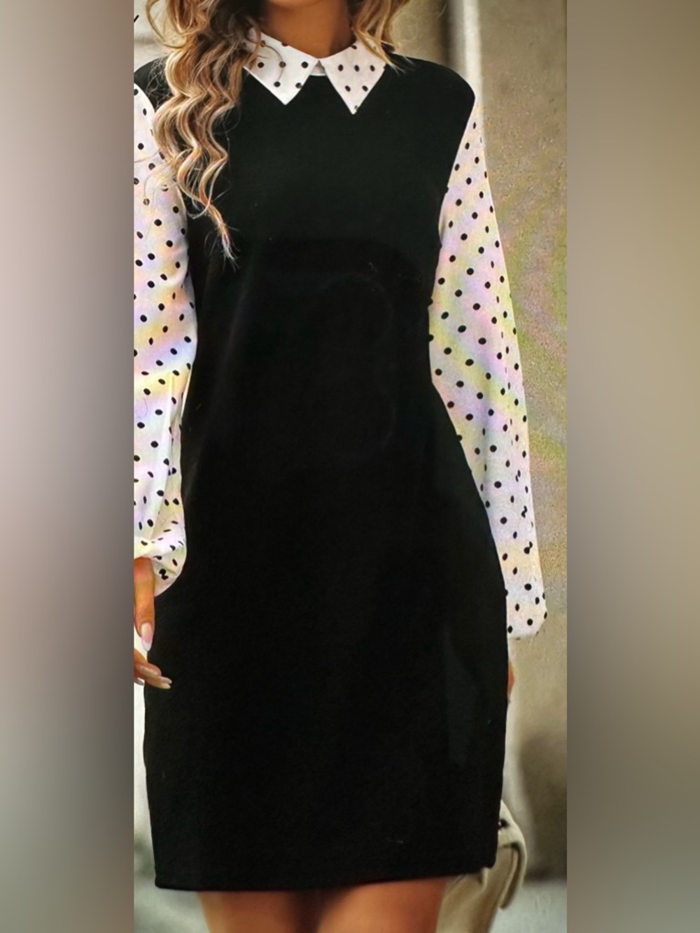 SHEIN Black Dress with White Short Sleeves with Black Polka Dots and Collar 1XL